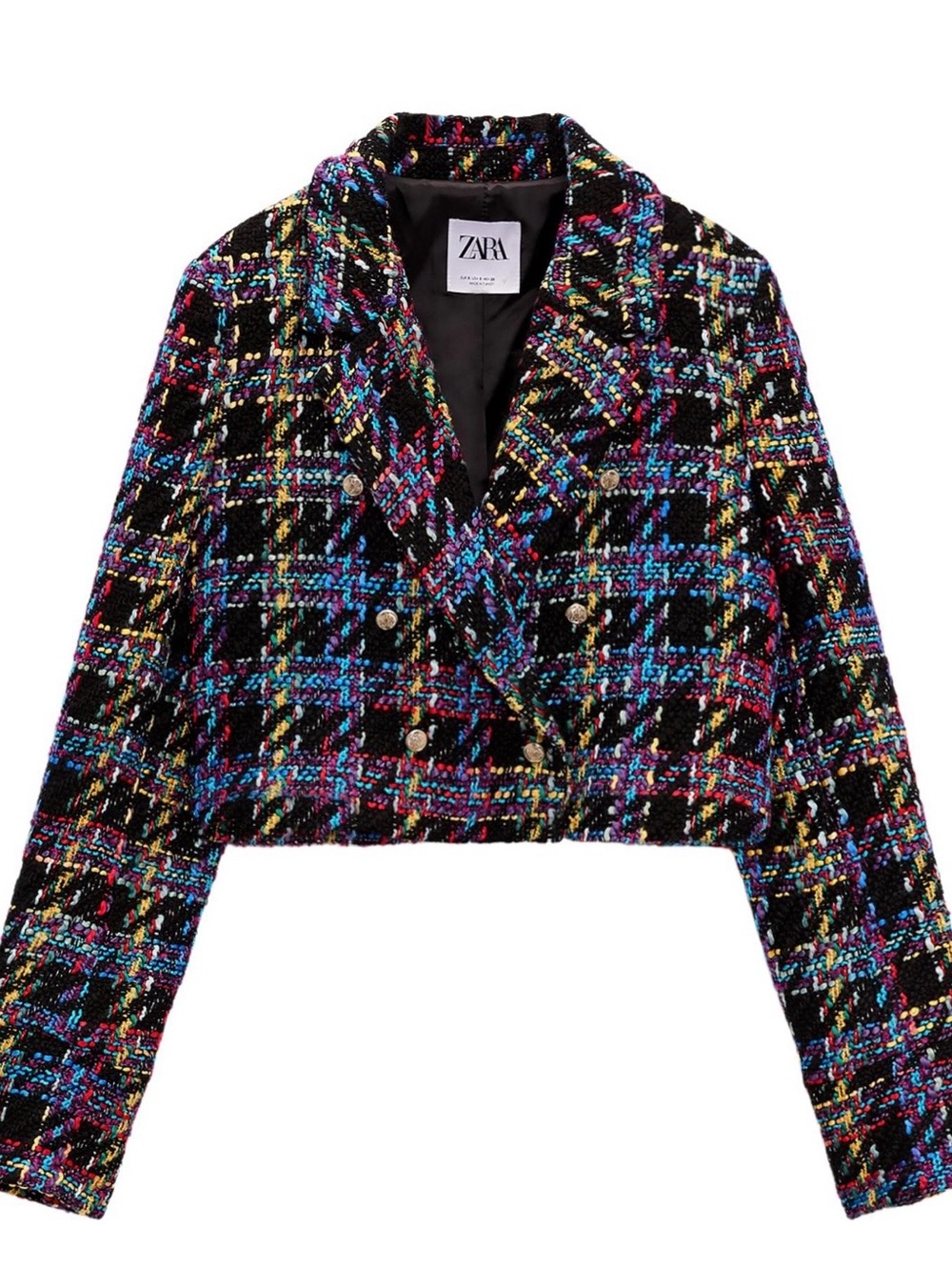 ZARA Multicolor Tweed Double-Breasted Cropped Jacket - Black Multicolor